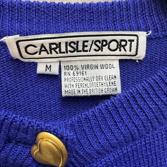 Vintage Carlisle Sport Wool Cardigan Duster Sweater Blue Colorful Hearts Medium - Picture 3 of 6